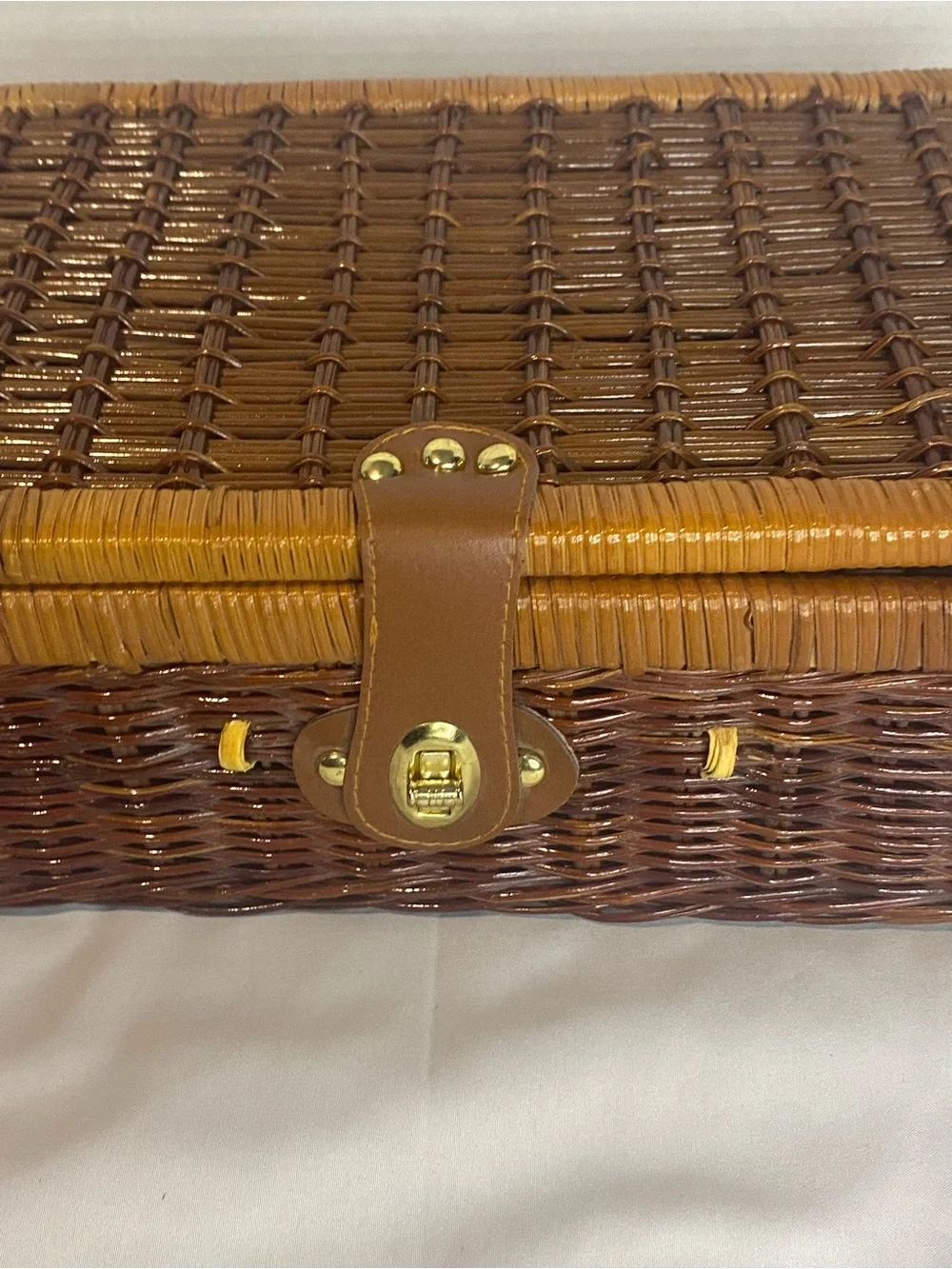 Woven Rattan Storage Basket with Leather Strap - Brown